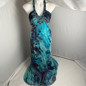 Faviana multicolor blues aqua purple magenta halter evening dress